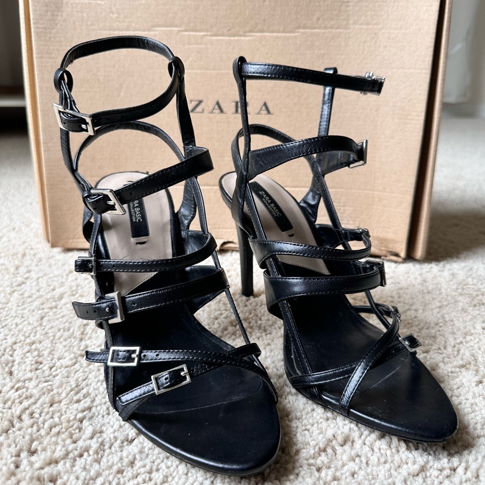 Zara Black Leather Strappy High Heel Sandals sz 8 - Picture 14 of 16